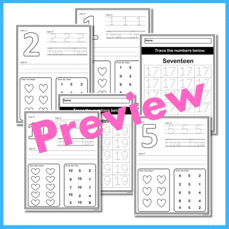 Kindergarten Math Worksheet- Numbers Tracing and Writing 1 to 20