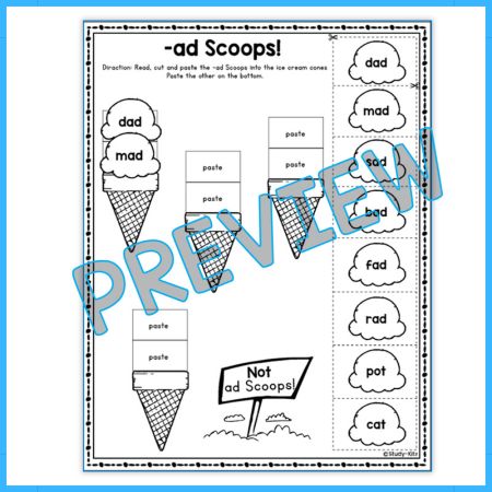 CVC Word Family Scoop Worksheet for Kid