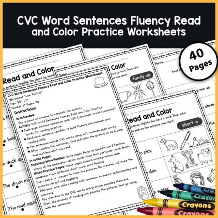 CVC Word Fluency with Read and Color Activity Worksheet