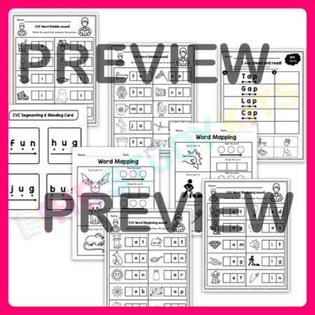 CVC Word Science Reading, Blending, Segmenting, Phonics Mapping, Sight Word sheets